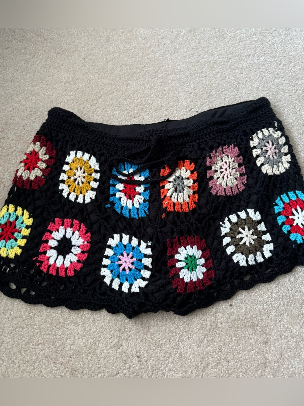 Black multicolored Crochet shorts with Colorful Floral Squares Has inner lining